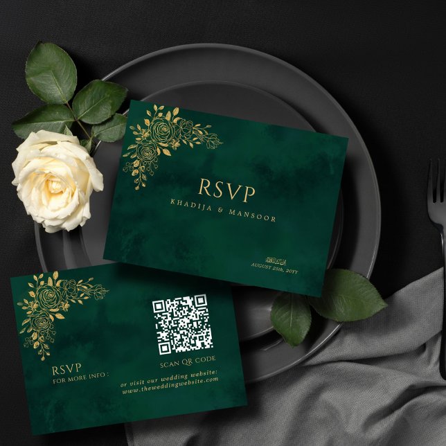 Emerald Grönt Guld Blommigt QR Bröllop OSA Tilläggskort (Skapare uppladdad)