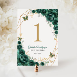 Emerald Grönt Guld Blommigt Quinceanera Bordsnummer