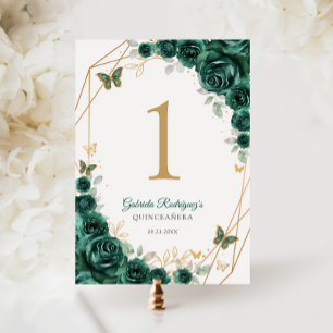 Emerald Grönt Guld Blommigt Quinceanera Bordsnummer