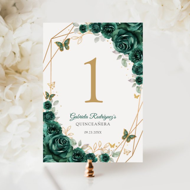 Emerald Grönt Guld Blommigt Quinceanera Bordsnummer (Skapare uppladdad)
