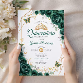 Emerald Grönt Guld Blommigt Quinceanera Inbjudningar