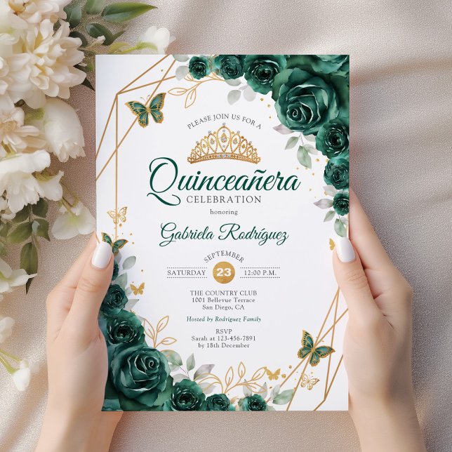 Emerald Grönt Guld Blommigt Quinceanera Inbjudningar (Skapare uppladdad)