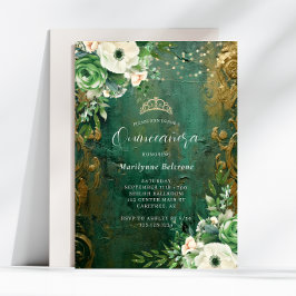 Emerald Grönt Guld Blommigt Quinceañera Inbjudningar