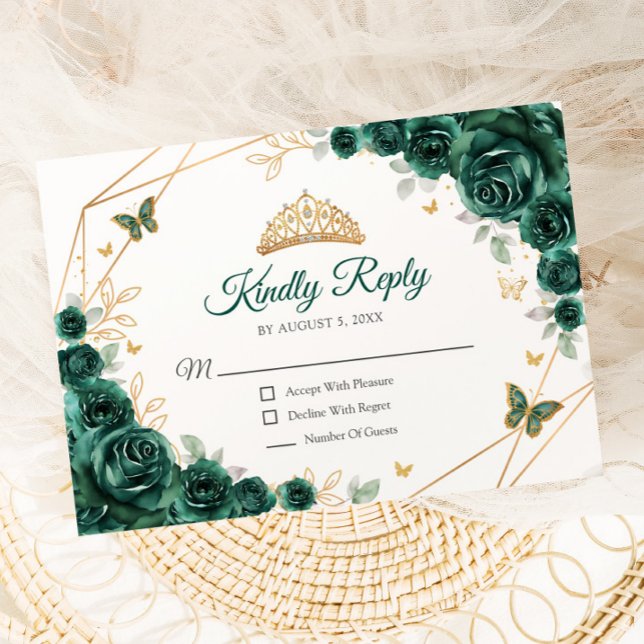 Emerald Grönt Guld Blommigt Quinceanera Reply OSA Kort (Skapare uppladdad)