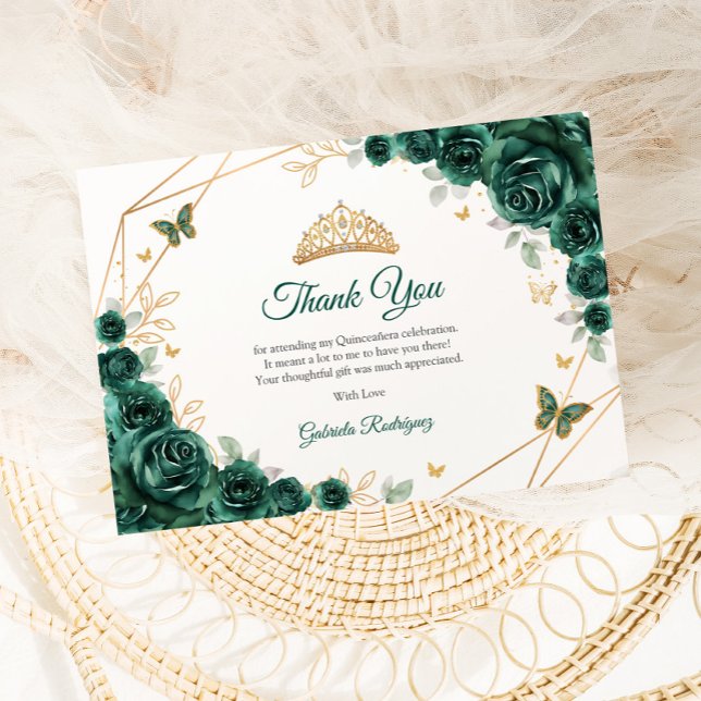 Emerald Grönt Guld Blommigt Quinceanera Tack Kort (Skapare uppladdad)