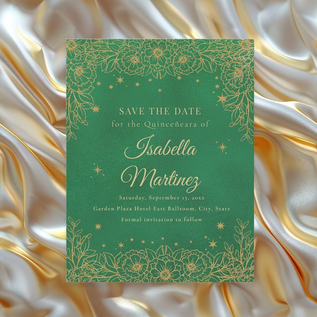 Emerald Grönt Guld Blommigt Stars Quinceañera Spara Datumet (Emerald green and gold Quinceañera Save the Date card)