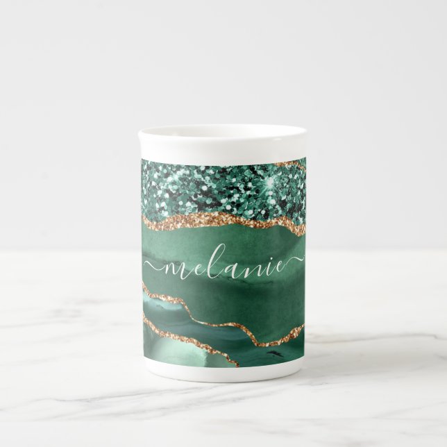 Emerald Grönt Guld Bone China Mugg med eget namn Benporslin Mugg (Framsidan)