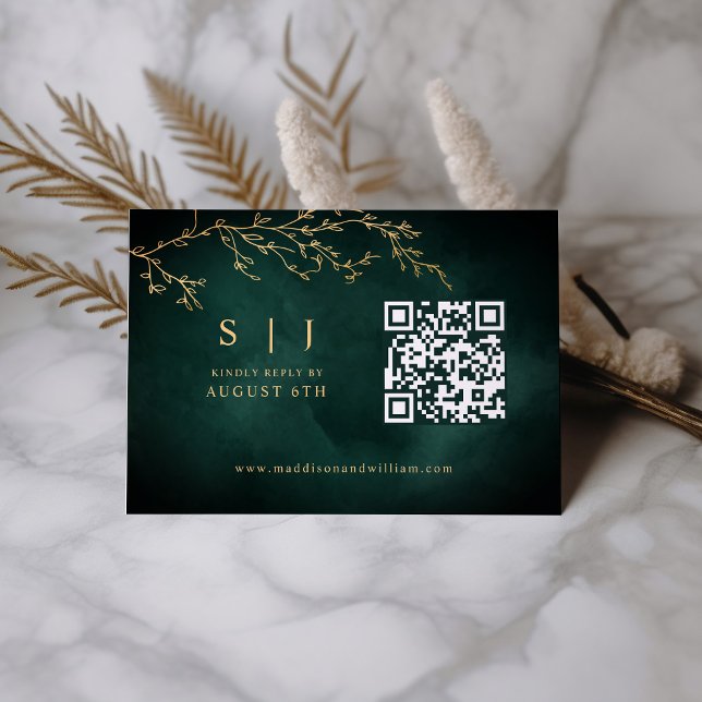 Emerald Grönt & Guld botaniskt QR-nummer Bröllop OSA Kort (Skapare uppladdad)