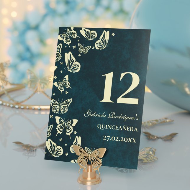 Emerald Grönt Guld Butterflies Quinceañera Seating Bordsnummer (Emerald Green Gold Butterflies Quinceañera Seating Table Number)