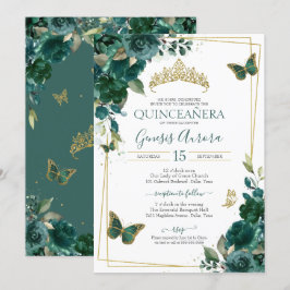 Emerald Grönt & Guld Butterfly Blommigt Quinceaner Inbjudningar