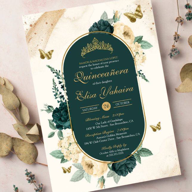 Emerald Grönt Guld Butterfly Blommigt Quinceañera Inbjudningar (Skapare uppladdad)