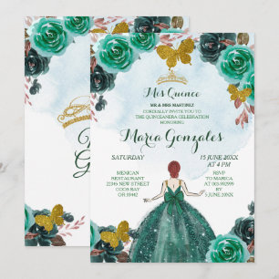 Emerald Grönt & Guld Butterfly Mis Quince 2 Inbjudningar