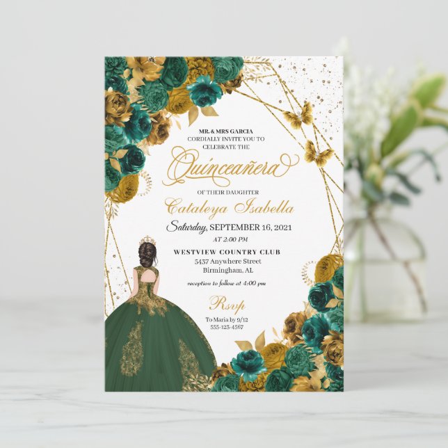 Emerald Grönt Guld Butterfly Princess Quinceanera Inbjudningar (Stående Fram)