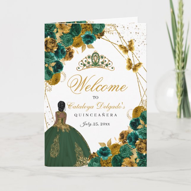 Emerald Grönt & Guld Butterfly Quinceanera Program (Framsida)