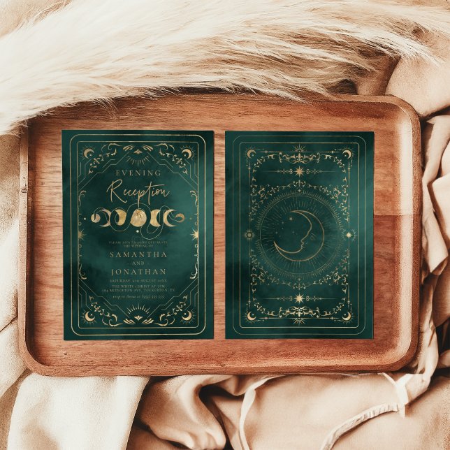 Emerald Grönt Guld Celestial bröllopsmottagning Inbjudningar (Skapare uppladdad)
