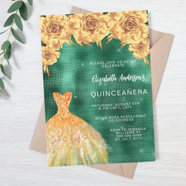 Emerald grönt guld dress blommigt Quinceanera lyxu Inbjudningar (Skapare uppladdad)