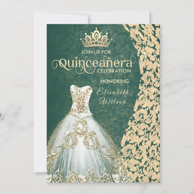 Emerald grönt guld dress damask tiara Quinceañera Inbjudningar (Framsida)