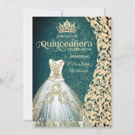 Emerald grönt guld dress damask tiara Quinceañera Inbjudningar