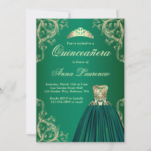 Emerald Grönt Guld Dress Decorative Quinceanera Inbjudningar