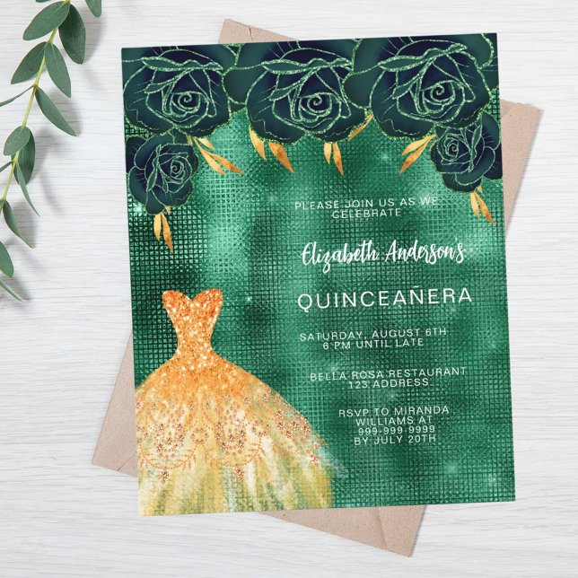 Emerald grönt guld dress Quinceanera-inbjudan (Skapare uppladdad)