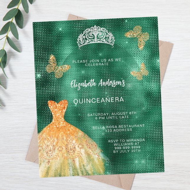 Emerald grönt guld dress tiara budget Quinceanera (Skapare uppladdad)