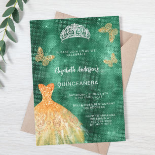Emerald grönt guld dress tiara lyxury Quinceanera Inbjudningar