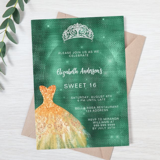 Emerald grönt guld dress tiara lyxury Sweet 16 Inbjudningar (Skapare uppladdad)
