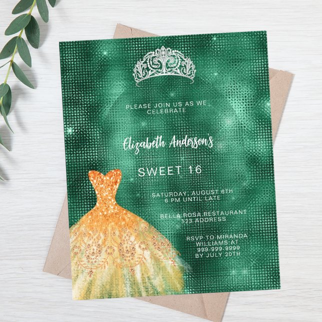 Emerald grönt guld dress tiara Sweet 16 inbjudan (Skapare uppladdad)