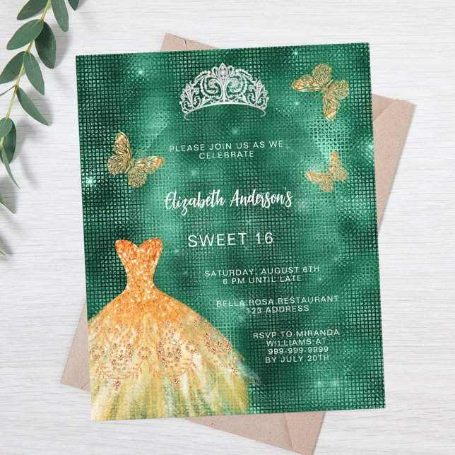 Emerald grönt guld dress tiara Sweet 16 inbjudan (Skapare uppladdad)