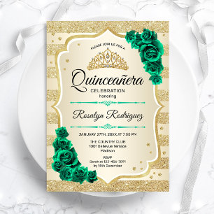 Emerald Grönt Guld Elegant Blommigt Quinceanera Inbjudningar