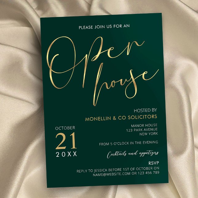 Emerald Grönt & Guld Elegant Business Open House Inbjudningar (Professional company open house event green and gold calligraphy invitations for business)