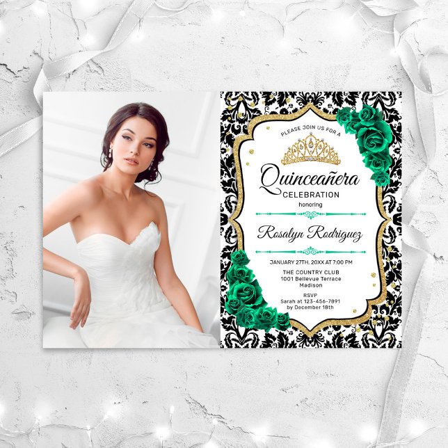 Emerald Grönt Guld Elegant Photo Quinceanera Inbjudningar (Skapare uppladdad)