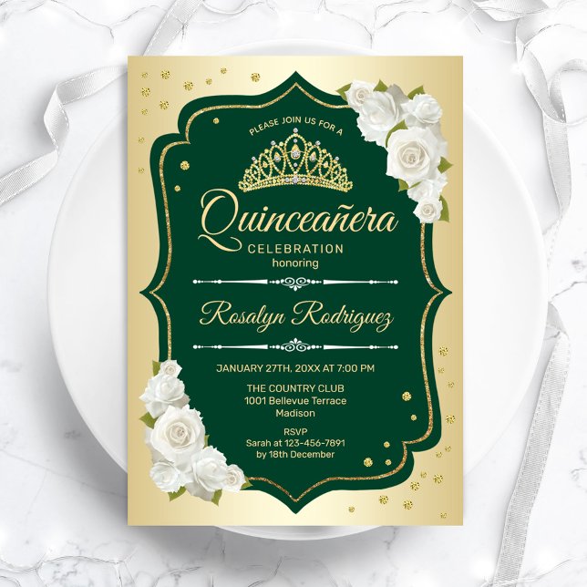 Emerald Grönt Guld Elegant Quinceanera Inbjudningar (Skapare uppladdad)