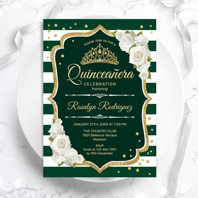 Emerald Grönt Guld Elegant Quinceanera Inbjudningar (Skapare uppladdad)