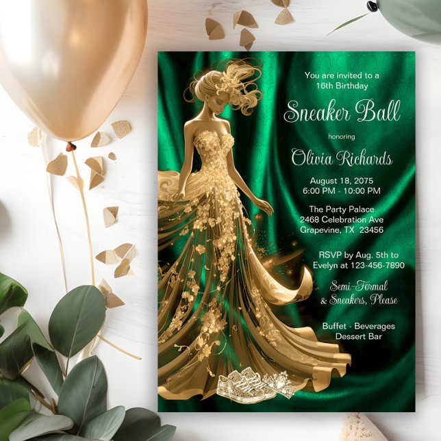 Emerald Grönt Guld Elegant Sneaker Boll Inbjudningar (Emerald green gold sneaker ball invitation. All text, font and wording can be changed for your event)