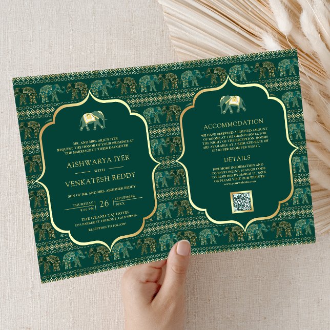 Emerald Grönt Guld Elephant Indian Bröllop Inbjudan (Skapare uppladdad)