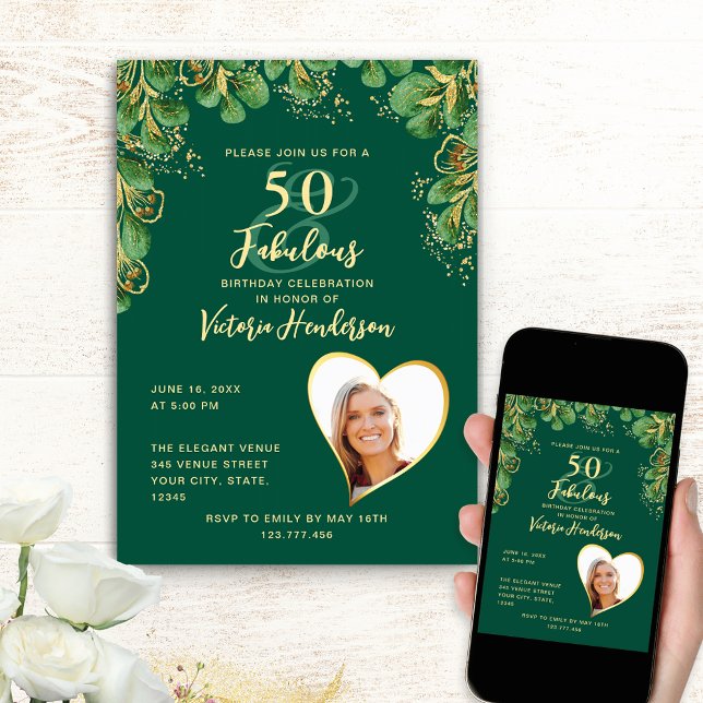 Emerald Grönt & Guld Eucalyptus 50:e födelsedagen Inbjudningar (Custom Birthday Invitation with Emerald Green Design)