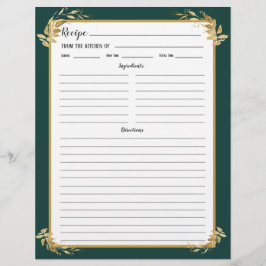 Emerald Grönt Guld Foliage Recipe Binder Page
