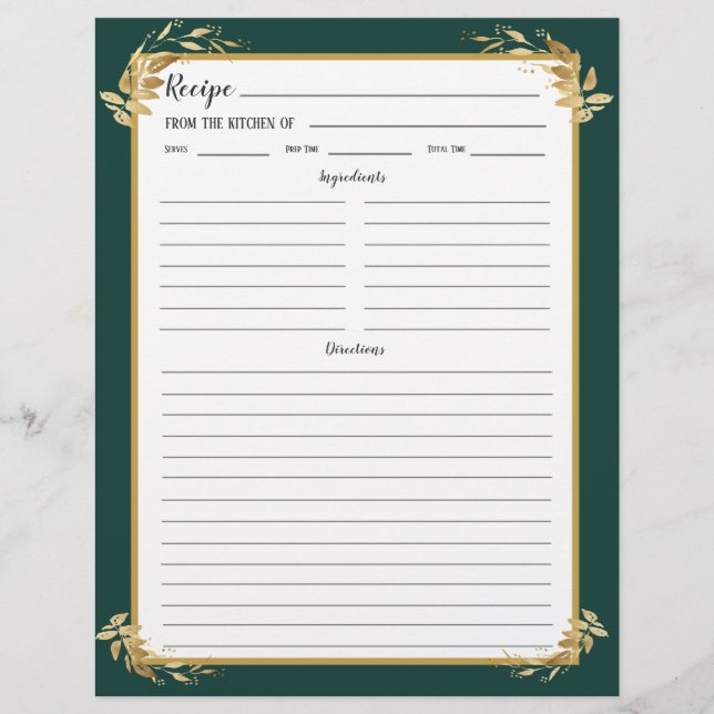 Emerald Grönt Guld Foliage Recipe Binder Page (Framsida)