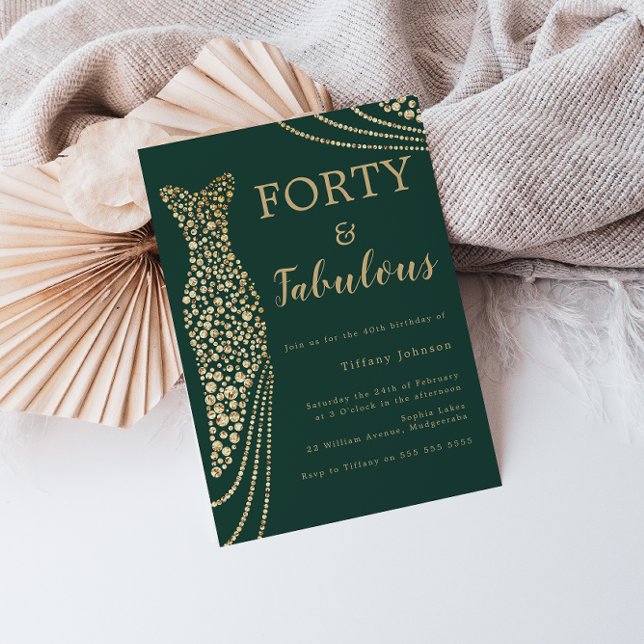 Emerald Grönt & Guld fyrtio & Fab 40:e födelsedage Inbjudningar (Skapare uppladdad)