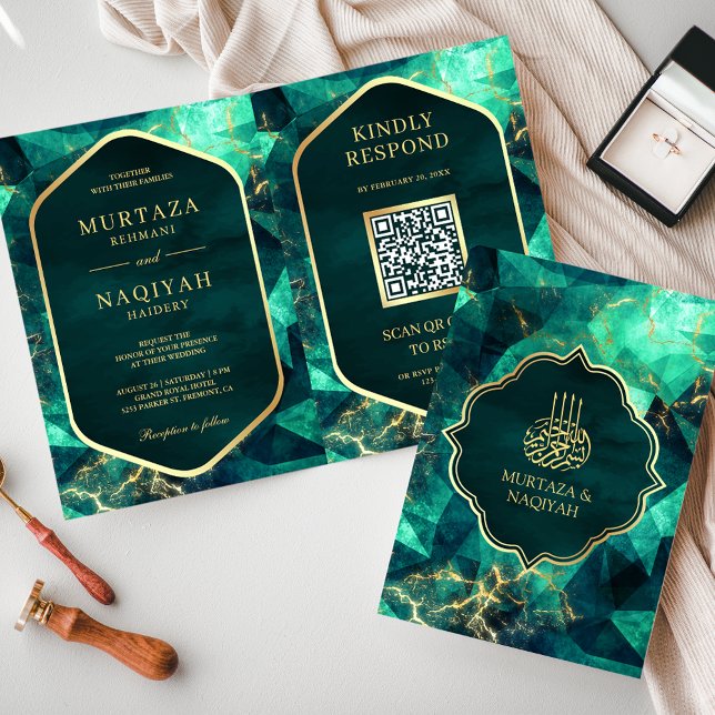 Emerald Grönt Guld Gemstone QR-kod Muslim Bröllop Inbjudan (Skapare uppladdad)