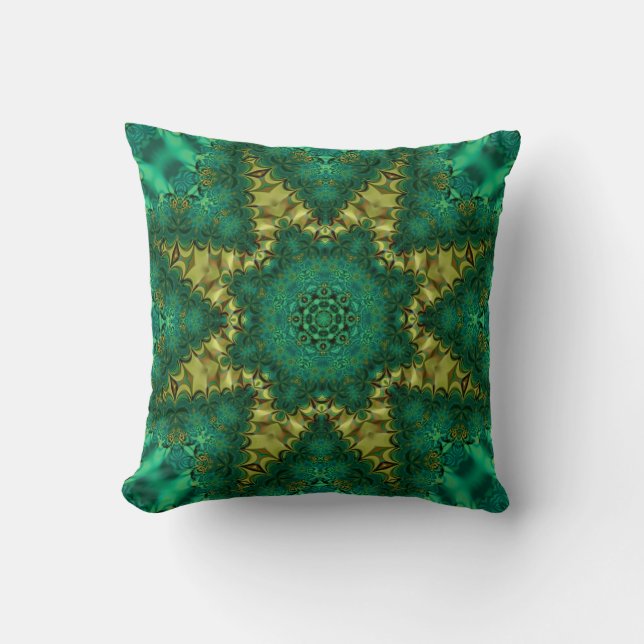 Emerald Grönt + Guld Geo-Fractal Art Cushion Kudde (Framsida)