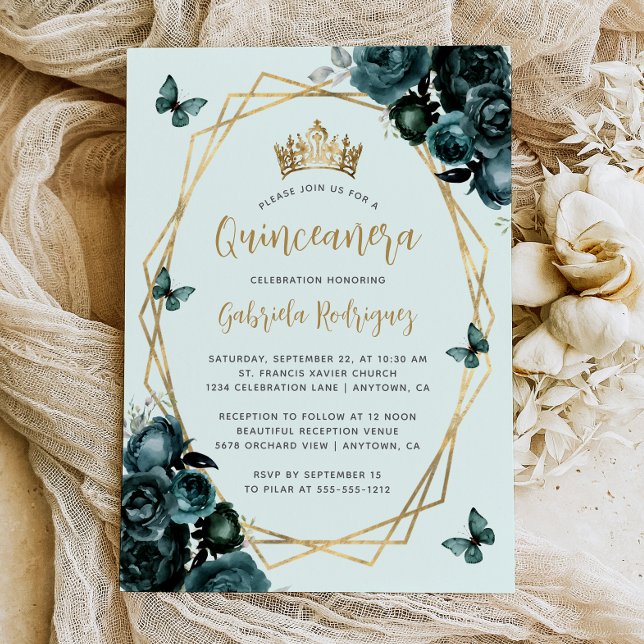 Emerald Grönt Guld Geometric Blommigt Quinceañera Inbjudningar (Skapare uppladdad)