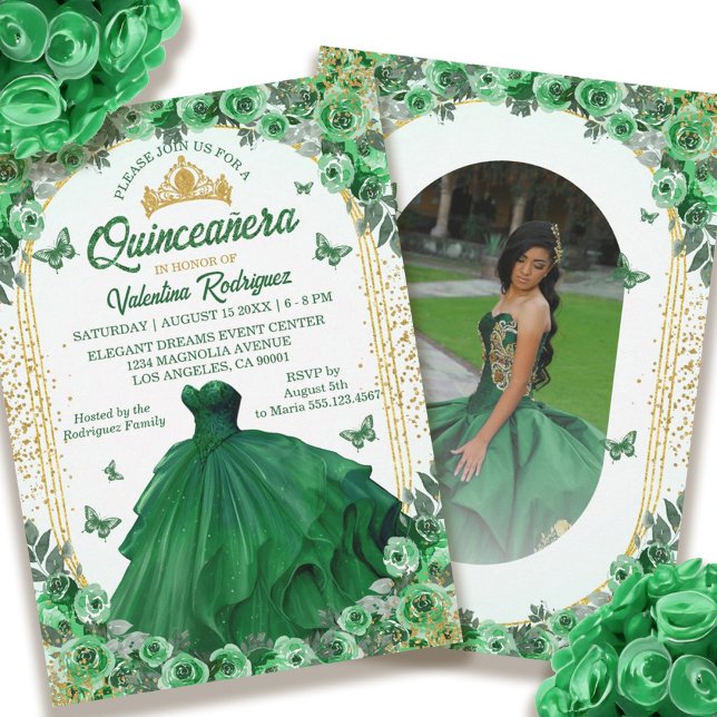 Emerald Grönt Guld Glitter Blommigt Quinceanera Inbjudningar (Emerald Green Gold Glitter Floral Quinceanera Invitation)