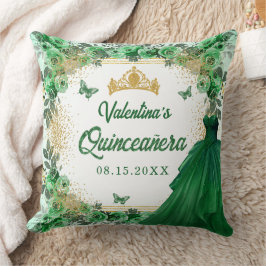 Emerald Grönt Guld Glitter Blommigt Quinceanera Kudde