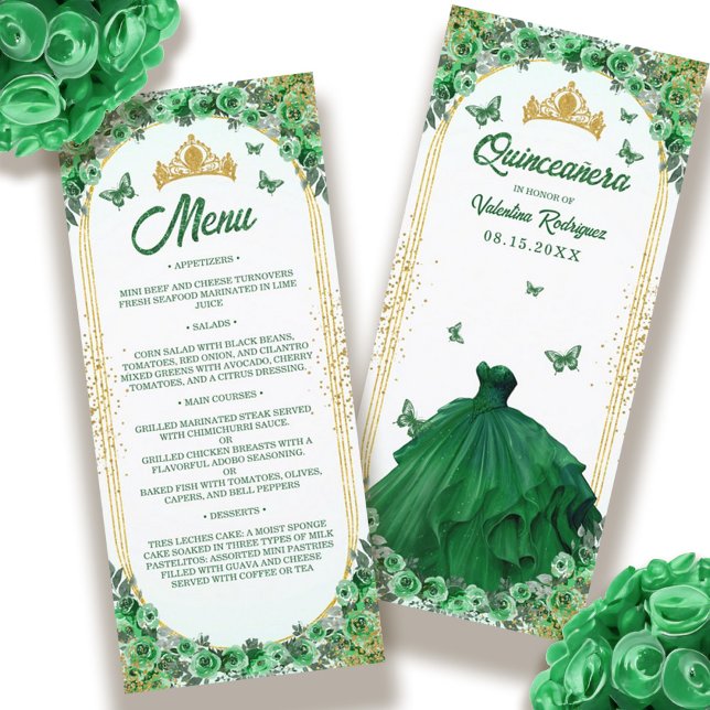 Emerald Grönt Guld Glitter Blommigt Quinceanera Meny (Emerald Green Gold Glitter Floral Quinceanera Menu)