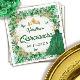 Emerald Grönt Guld Glitter Blommigt Quinceanera Pappersservett