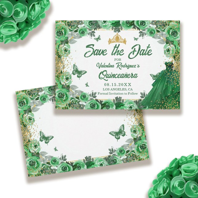 Emerald Grönt Guld Glitter Blommigt Quinceanera Spara Datumet (Emerald Green Gold Glitter Floral Quinceanera Save The Date)