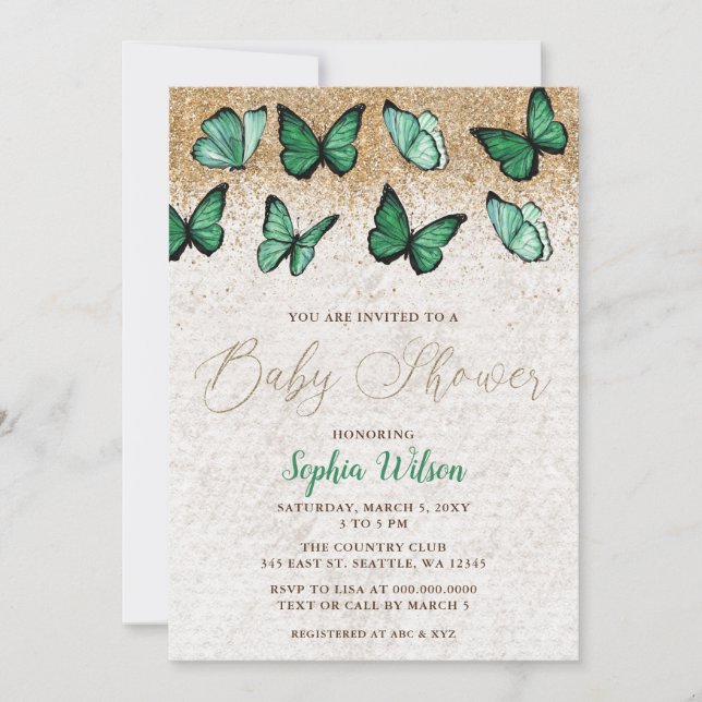 Emerald Grönt Guld Glitter Butterfly Baby Shower Inbjudningar (Framsida)