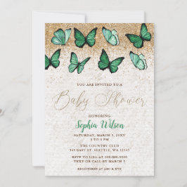 Emerald Grönt Guld Glitter Butterfly Baby Shower Inbjudningar